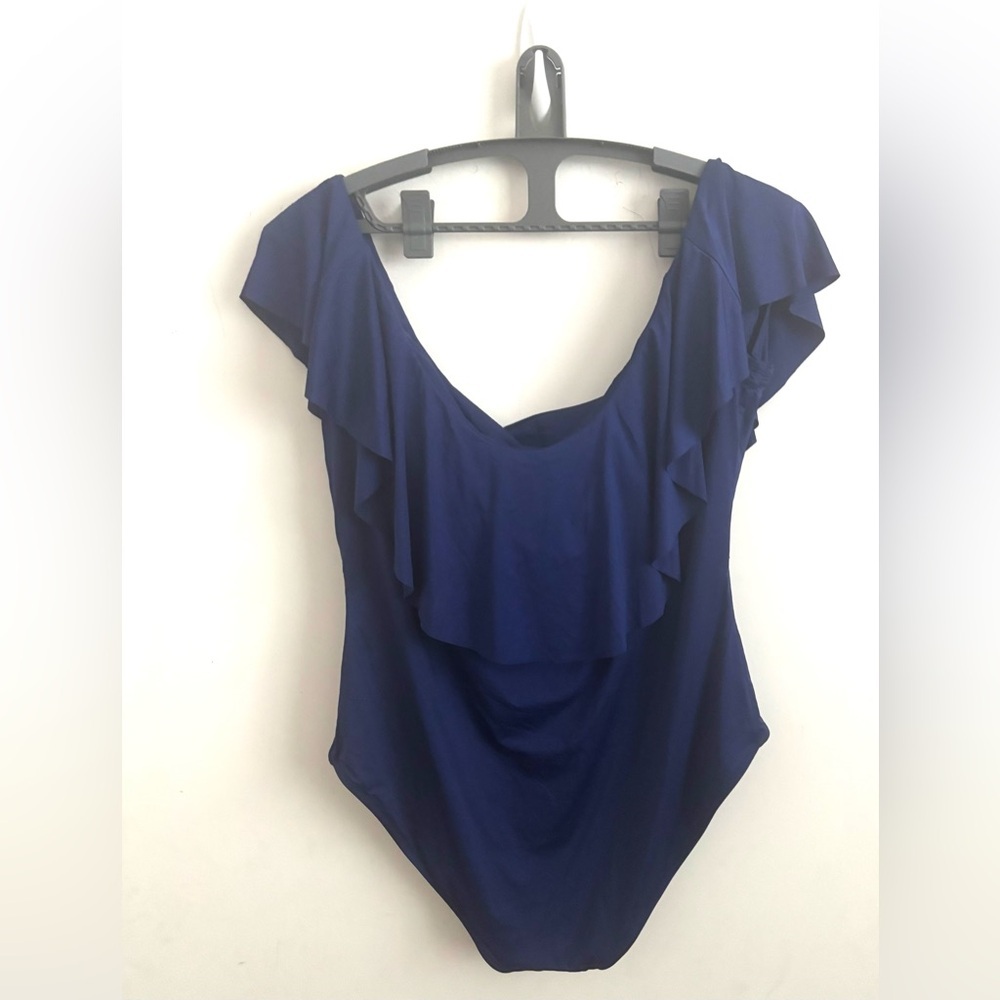 Trina Turk Womens Off Shoulder Ruffle Sz 20 One Piece Swimsuit Blue Beach Resort